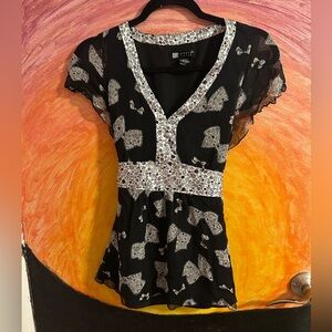 Carole Little Black and White Floral Blouse